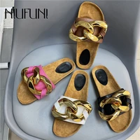 fashion metal chain buckle summer beach womens shoes flats casual shallow open toe muller slides slip on solid wood slippers