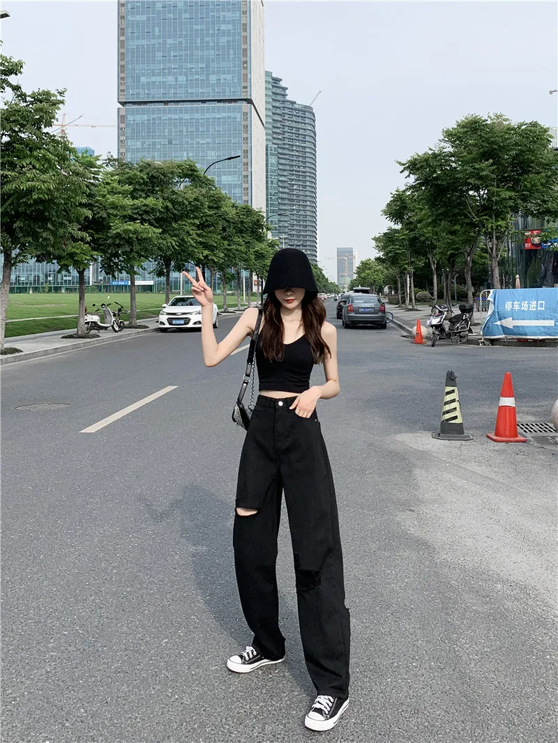 

Jeans Women Holes Black Chic Big Size S-5XL Oversize Harajuku Casual Womens Wide Leg Hip-hop Mopping Vintage Summer High Street