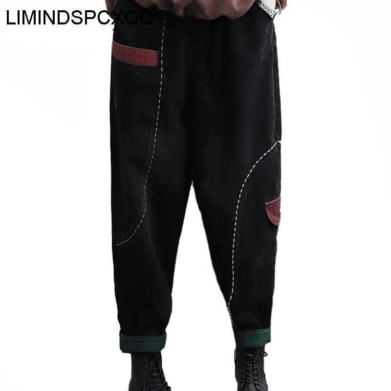 

Осенние винтажные джинсы в стиле Харадзюку, женские свободные эластичные джинсовые брюки в европейском стиле, повседневные шаровары