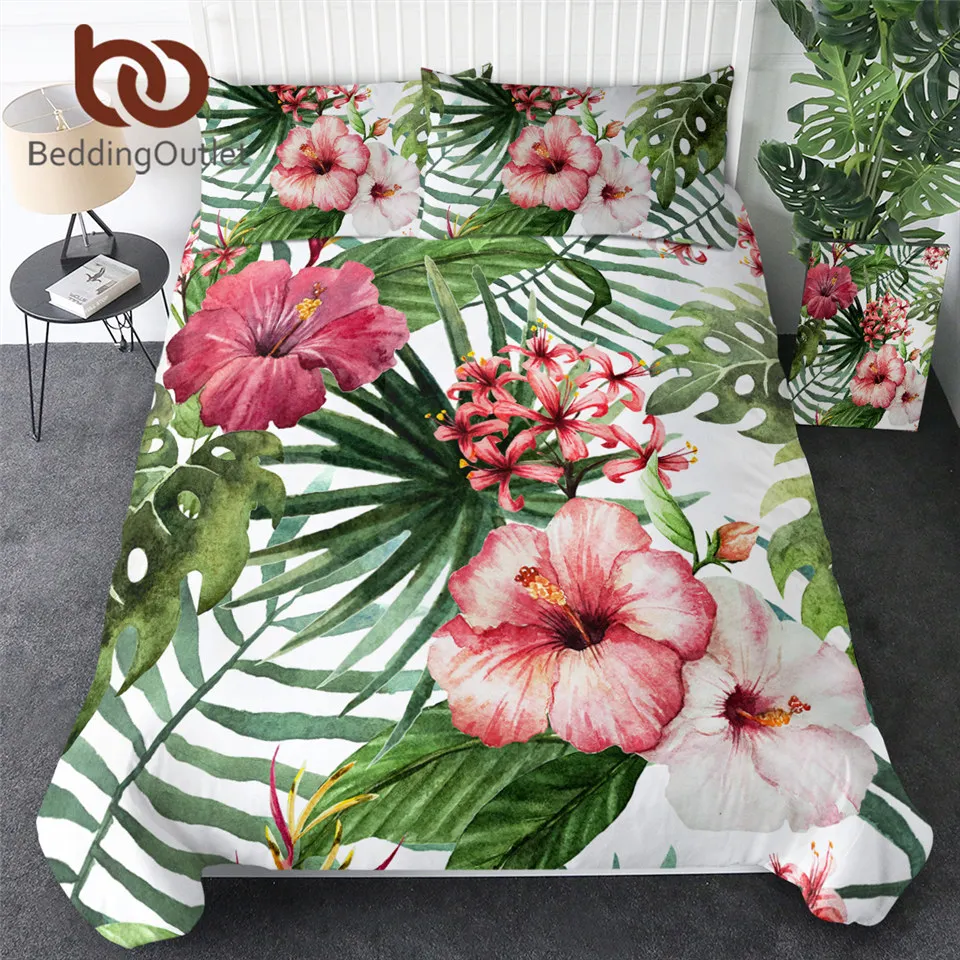 Beddingport طقم سرير الزهور يترك حاف مجموعة غطاء النباتات الاستوائية المنسوجات المنزلية 3-Piece أحمر أخضر أبيض المفارش
