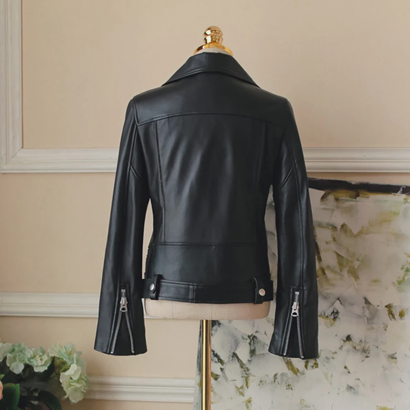 

Top Quality 2020 New Spring Autumn Women Pu Leather Jacket Woman Zipper Belt Short Female Long Sleeve Black Motorcycle Coat