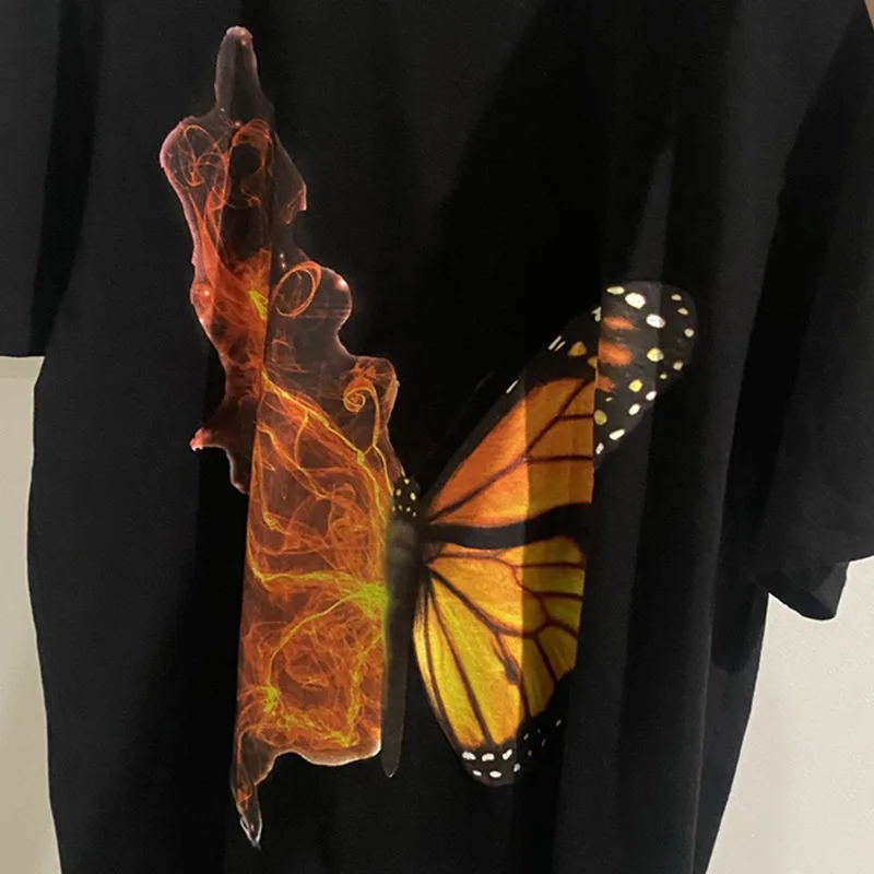 

Summer loose solid color butterfly print o neck long section T-shirt