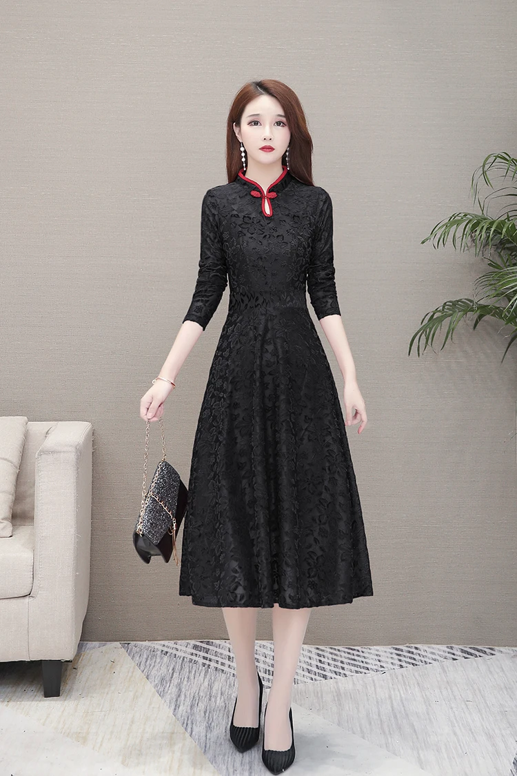 Кружевное платье средней длины для мамы и невесты винтажное Чонсам А силуэта