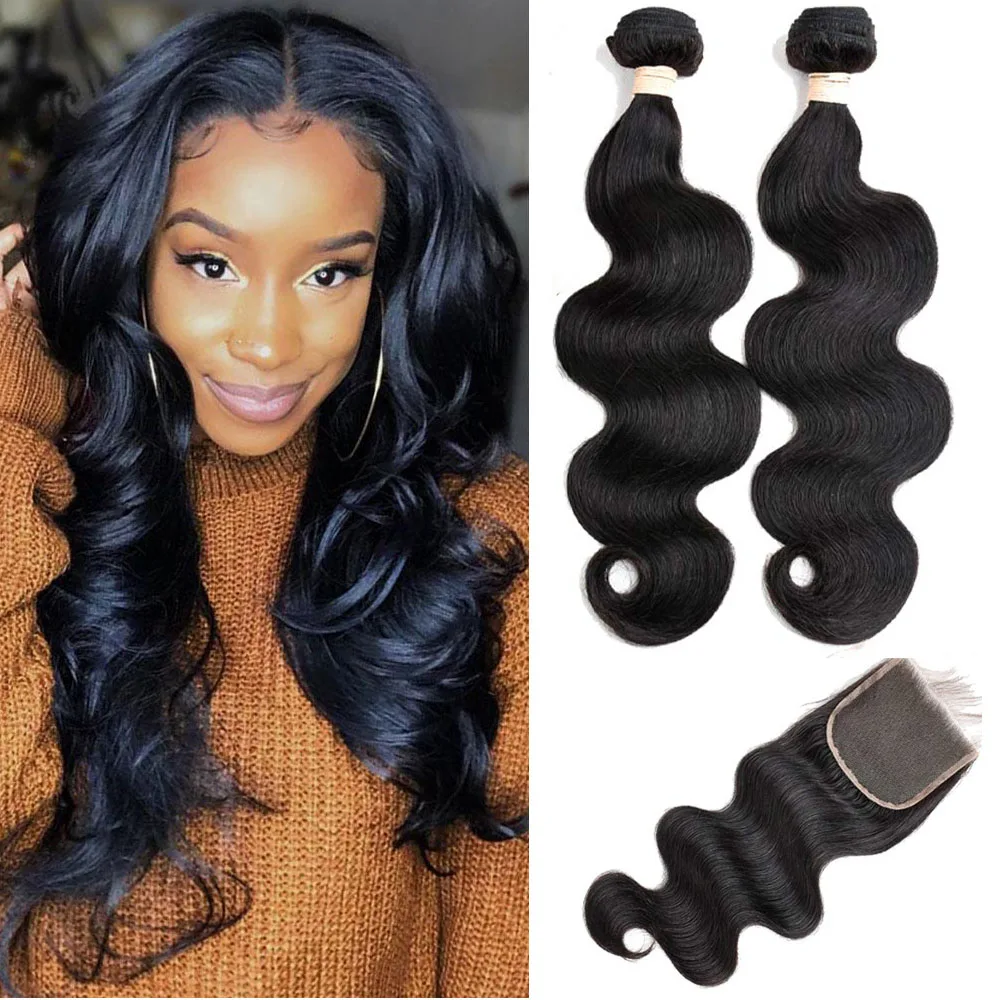 

Бразильские человеческие волосы пряди с закрытием кружева 4x4 2 пряди с закрытием волнистые волосы, для придания объема, вплетаемые пряди Remy ...