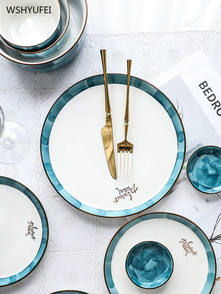 Круглая керамическая тарелка Ins wind starry с золотыми буквами салат из стейка десерт