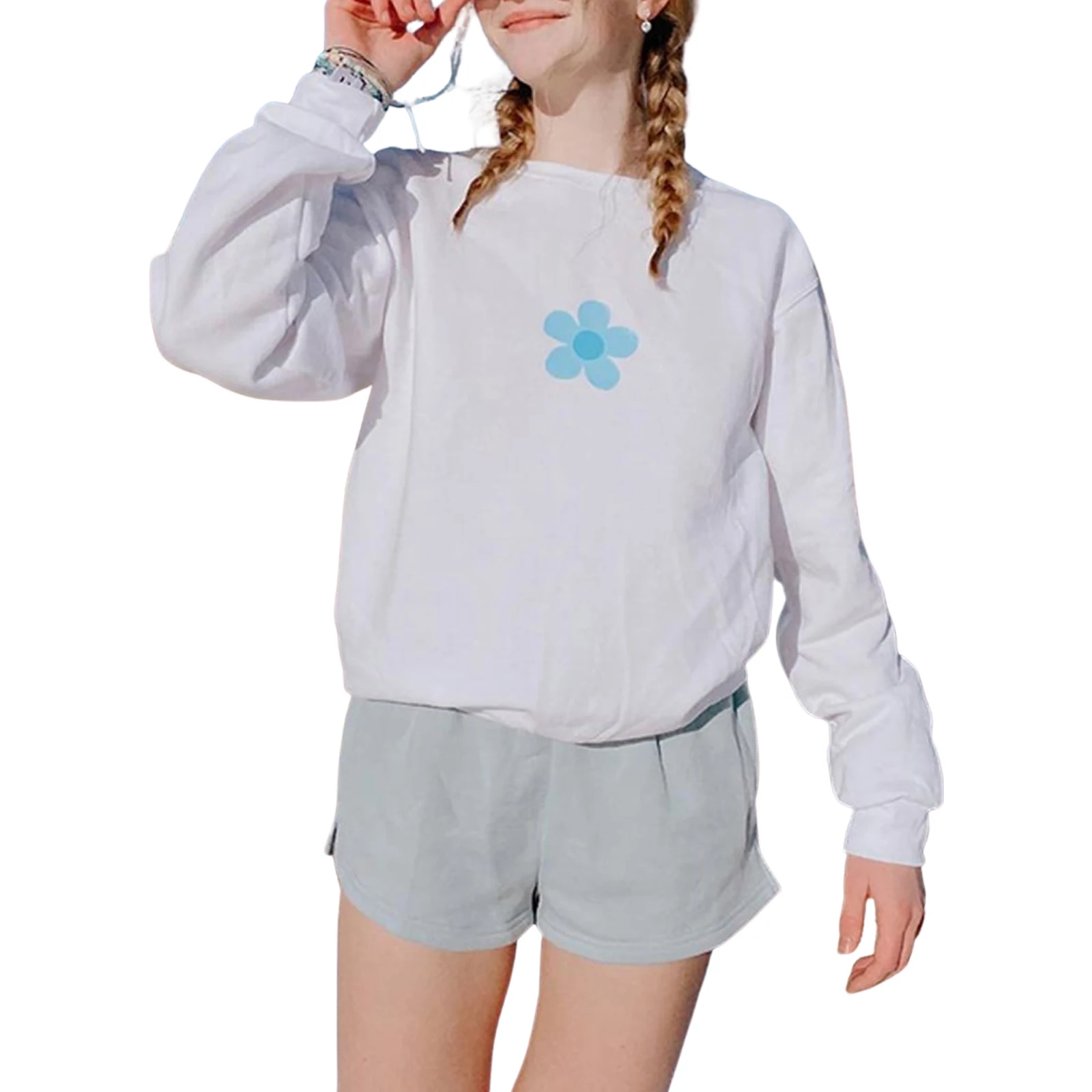 

Женский свободный пуловер с цветочным принтом, топы с длинным рукавом и круглым вырезом, розовый/белый