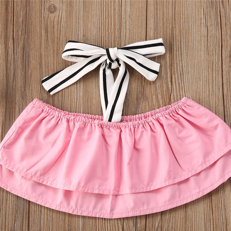 Модная летняя одежда для маленьких девочек футболка с оборками кроп-топы кожаные