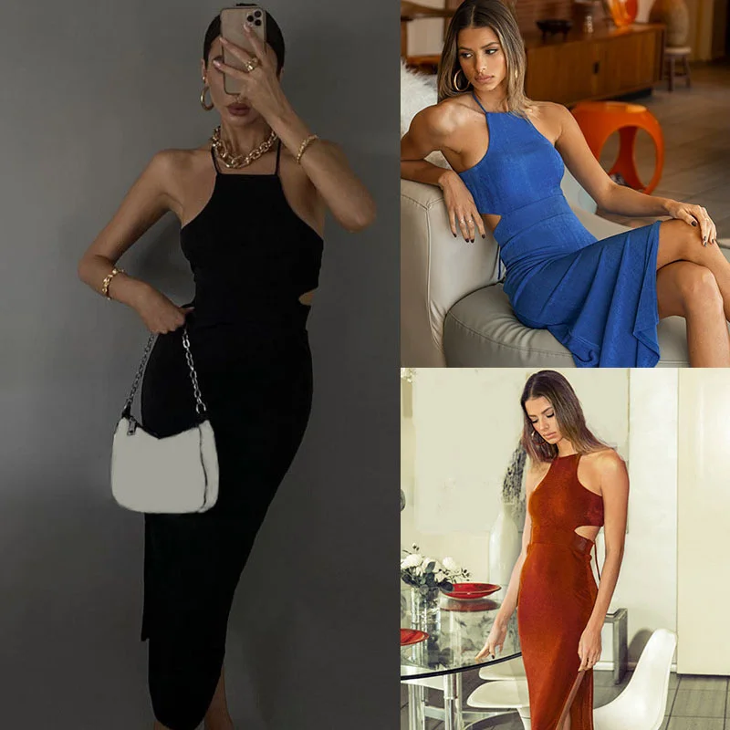 

Halter Backless Lace Up Bodycon Dress Women Sexy Sleeveless Summer Dress 2021 Elegant Split Cut Out Party Long Dress 2021