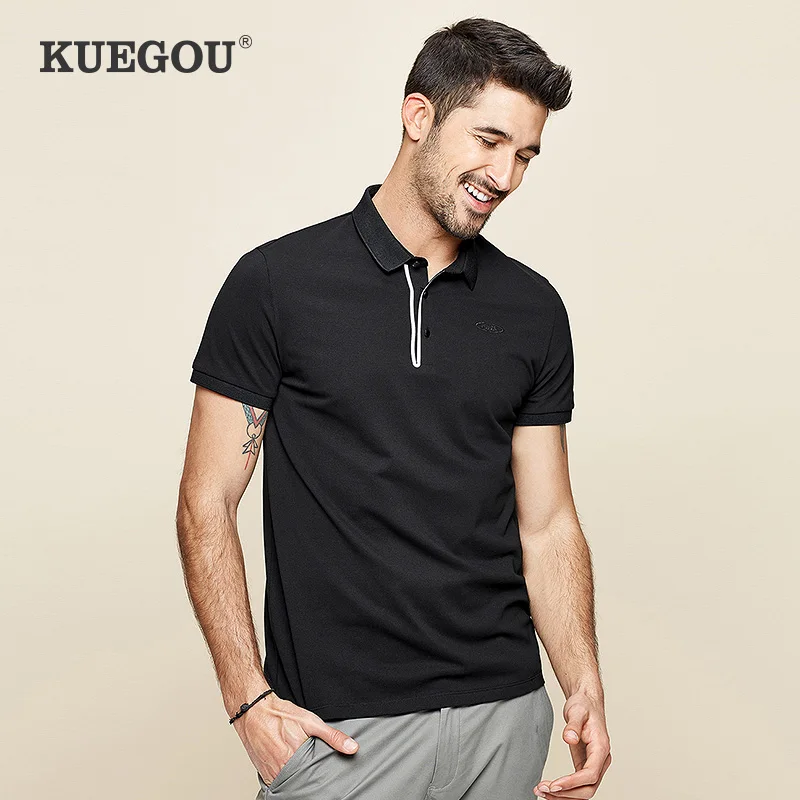 

KUEGOU Brand Men's polo shirt Summer men Fashion lapel slim polo shirts with short sleeves Simple black Tops XXXL DT-5928