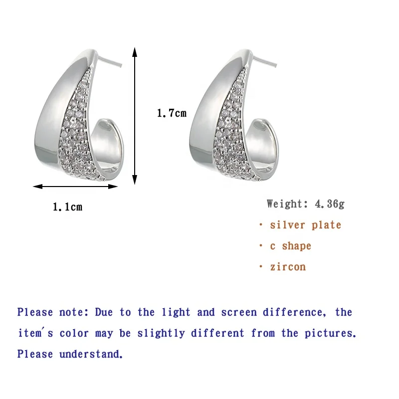 

ONYSS S925 Silver C- shape Zircon CZ Micro inlaid Stud Hoop Earrings for Women 2021