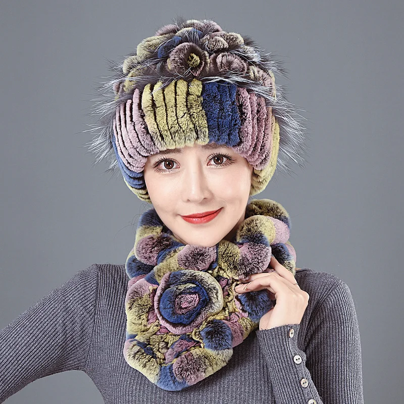 

2021 Hot Sale Winter Soft Warm Women Real Rex Rabbit Fur Scarf Hat Warm Real Fox Fur Cap Ring Shawl Natural Fox Fur Scarves Hats