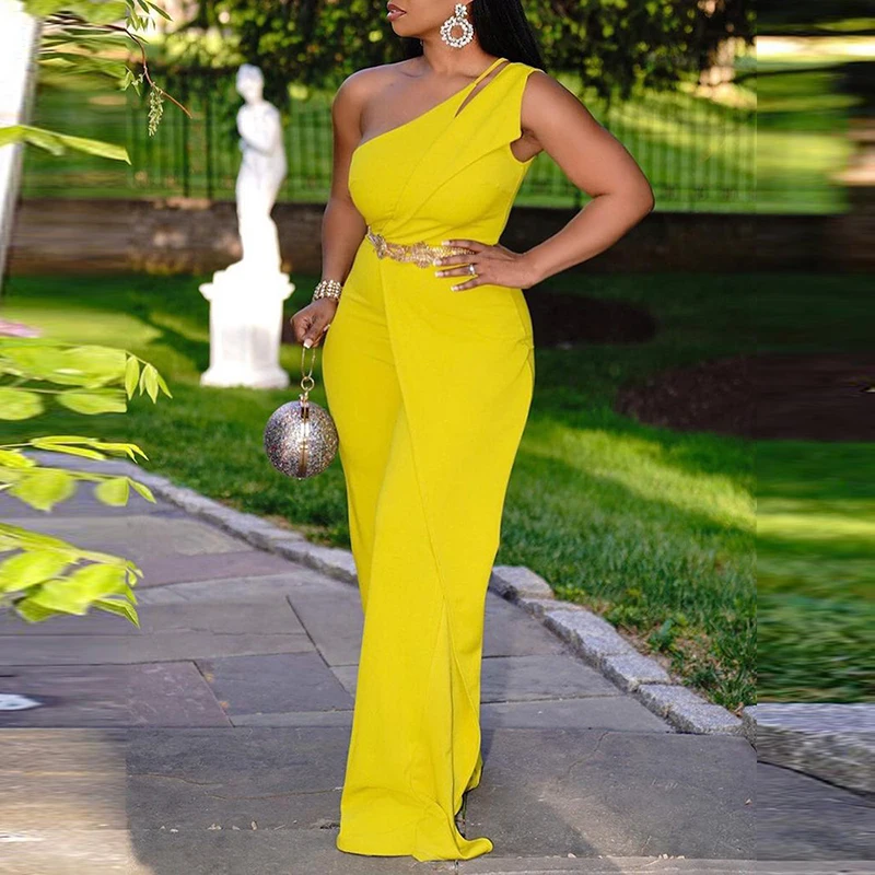 

Autumn Women Sexy One Shoulder Hollow Out Wide Leg Pants Club Jumpsuit Elegant Solid Loose Jumpsuits Plus Size Streetwear Femme