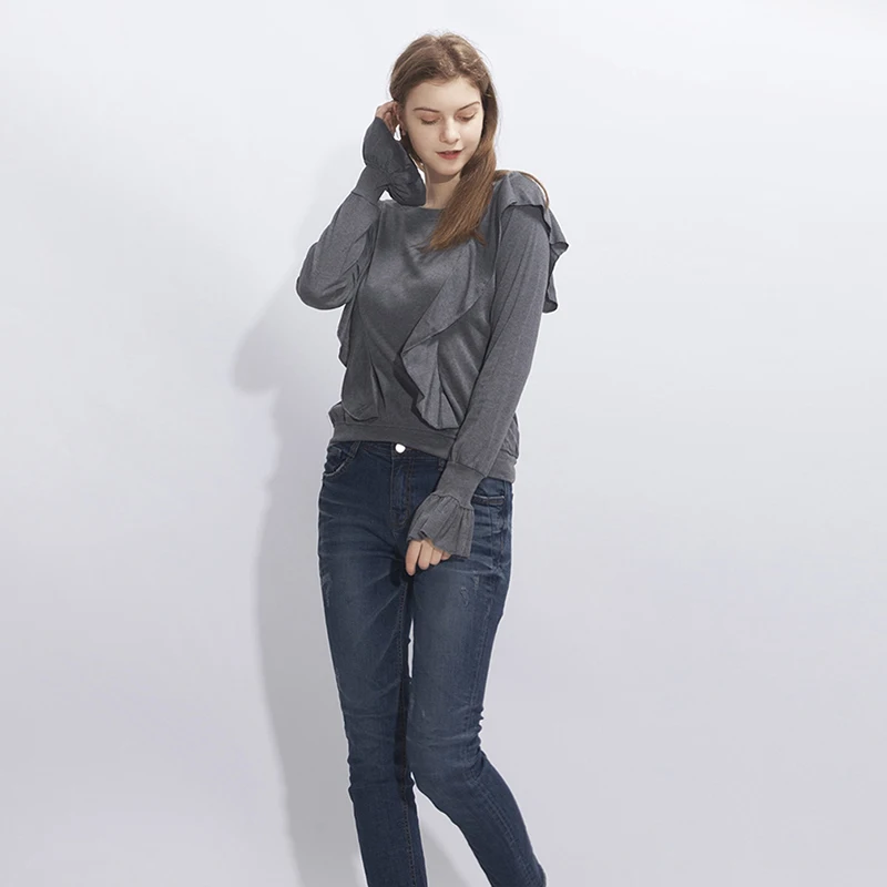 

Spring Women T Shirt 202 New Solid Color Long Flare Sleeve Female O Neck Ruffles Fashion T Shirts Women Casual Tops