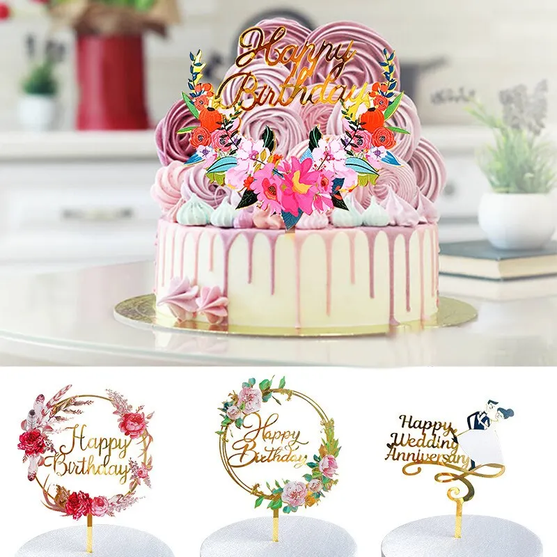 

New Colored flowers Happy Birthday Cake Topper Golden Acrylic Birthday party Dessert decoration for Baby shower Baking supplies