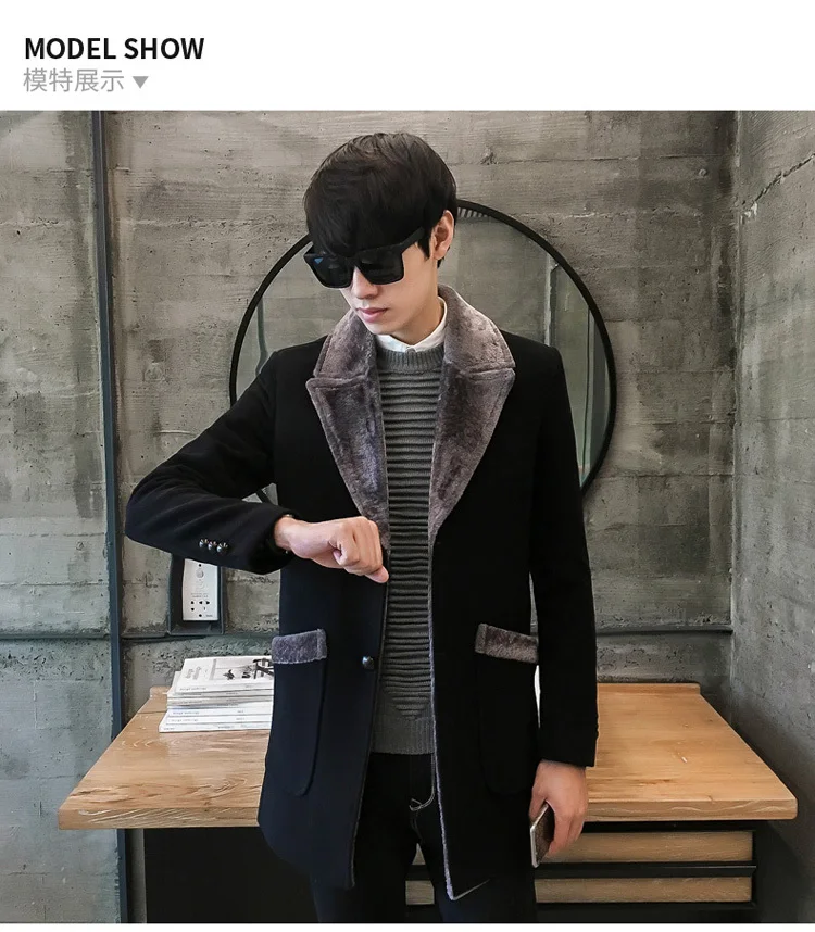 Fur Collar Trench Coat Men Wool Blend Winter Coat Slim Fit Men Manteau Homme Mid-Long Black Grey Mens Trench Coat Blue 4xl 5xl