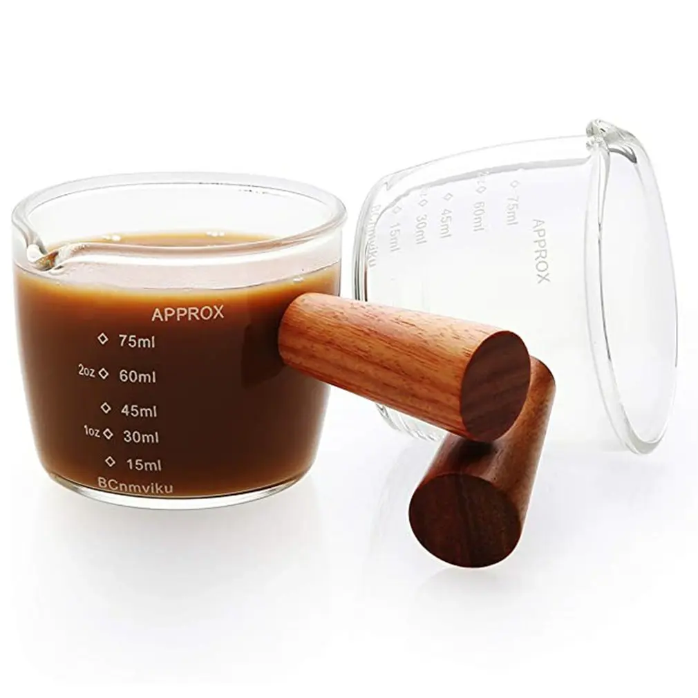 

75ml Espresso Coffee Cup Ounce Cup With Scale Wooden Handle High Borosilicate Glass Measuring Cup Coffee Drinkware