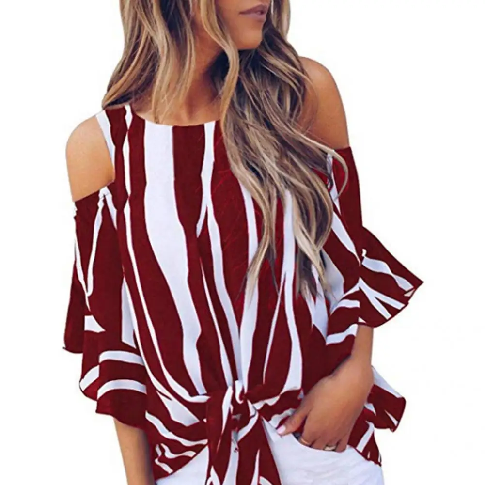 

Bowknot Elegant Fashion Summer Bowknot Striped Blouse Sexy Chiffon Top Off Shoulder for Home