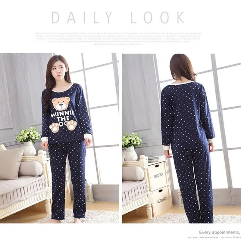 

Wave Point Pajamas Set Sleep Suits Women Long Sleeve Casual Sleepwear And Wear Lounge Print Tops Pants Bear Z2T9