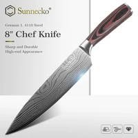sunnecko 8 chef knife stainless steel sanding laser damascus pattern blade kitchen knives wood handle sharp meat cutting tools
