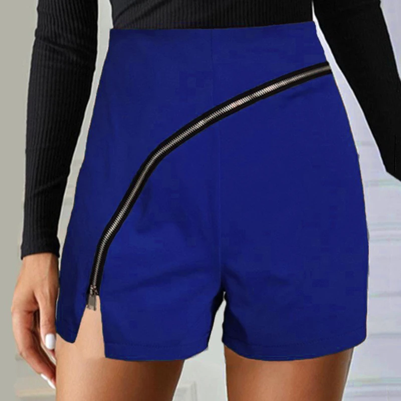 

New Shorts Womens Pure Color Personality Diagonal Zipper Split Casual Ladies Slim Shorts Women Clothing 2021 Summer