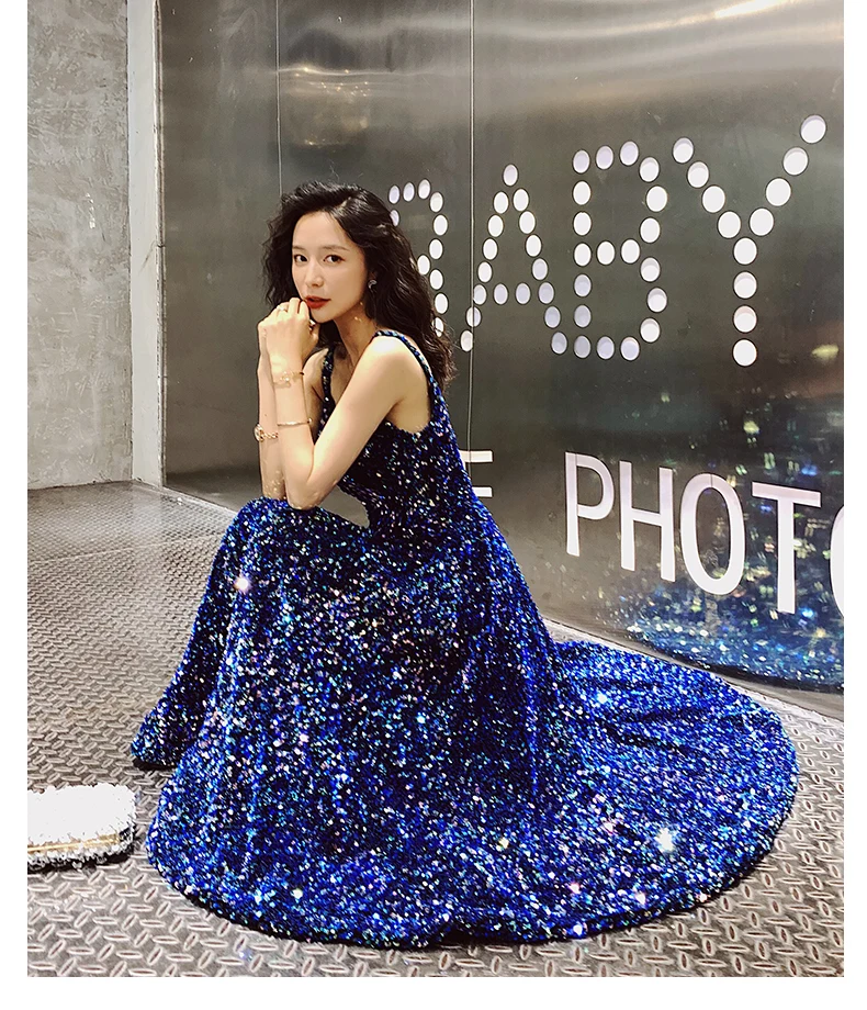 AE552 Prom Dresses Long New V-Neck Sleeveless A-line Sequined Wedding Guest Gowns Vestido De Gala