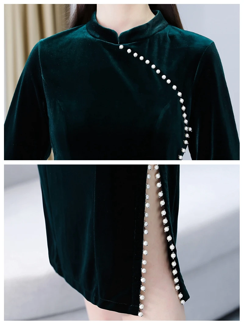 

Elegant velvet cheongsam dress women autumn winter pearl beading slit pencil velvet dress ladies vintage long party dress
