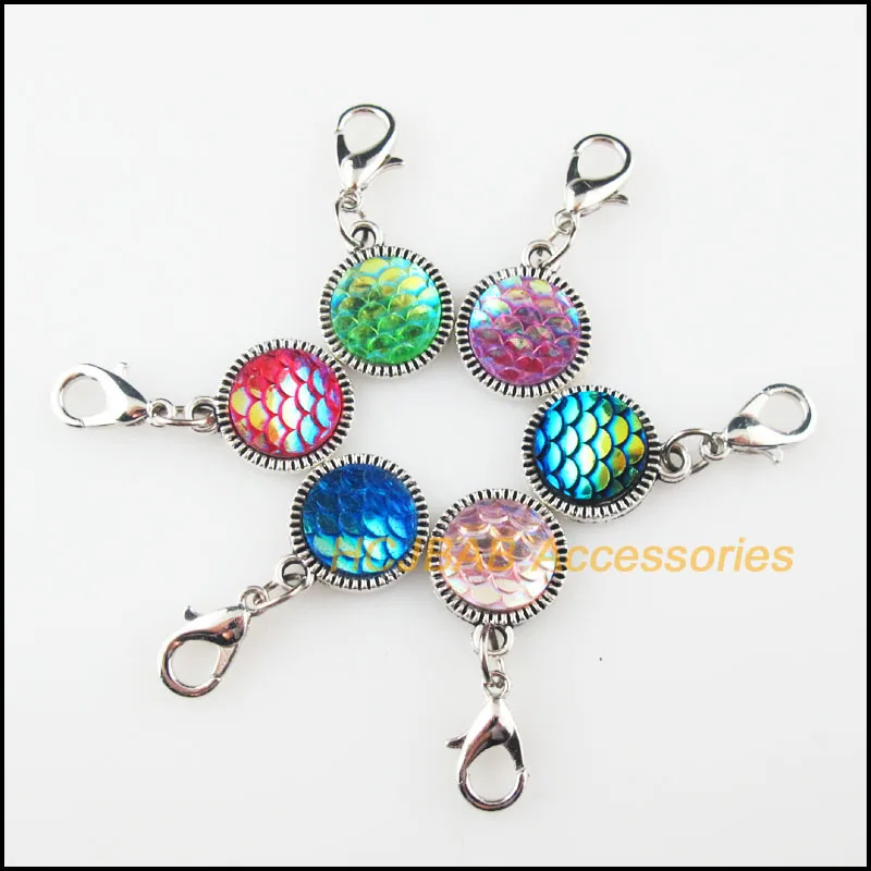 

12Pcs Tibetan Silver Plated Round Circle Frame Mixed Resin Charms Pendants With Lobster Claw Clasps 19.5x21.5mm