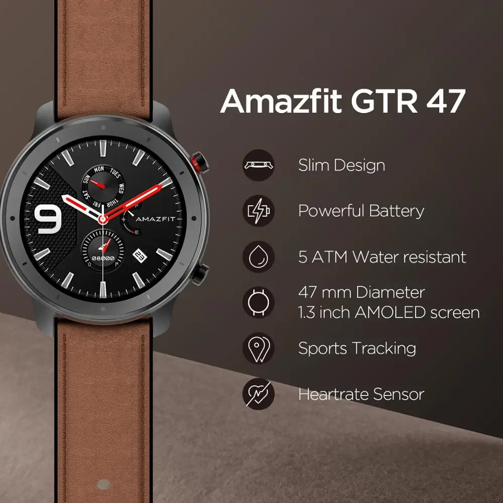Смарт-часы глобальная версия Amazfit GTR 47 мм, 5ATM, новые умные часы с  длинным аккумулятором, управление музыкой для телефонов Android, IOS |  Электроника | АлиЭкспресс