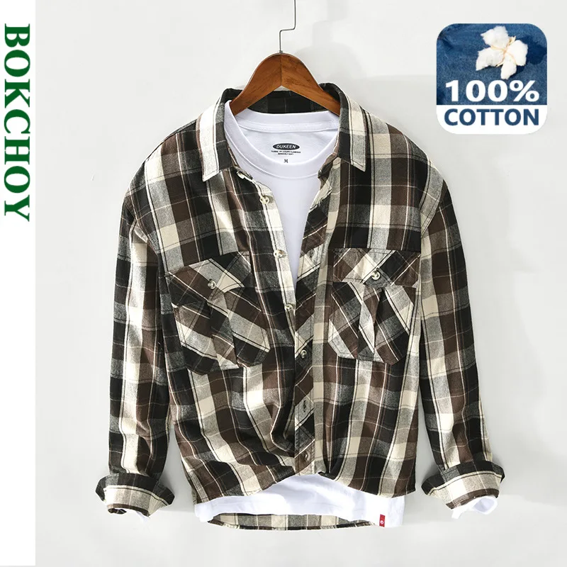 

2021 Spring New Men Cotton Plaid Shirt Long Sleeve Button Up Casual Z130