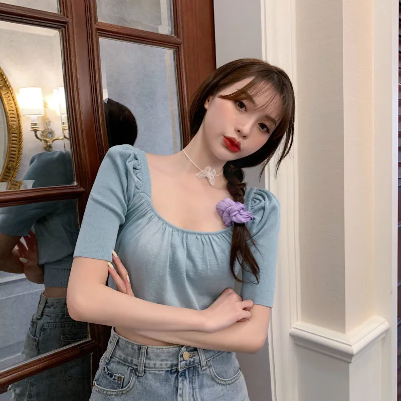 Футболка женская с квадратным вырезом французская элегантная верхняя одежда из