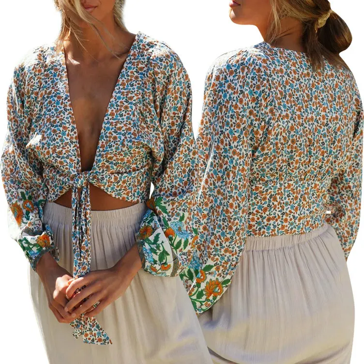Женский кардиган в стиле бохо с длинным рукавом и цветочным принтом|Рубашки| |