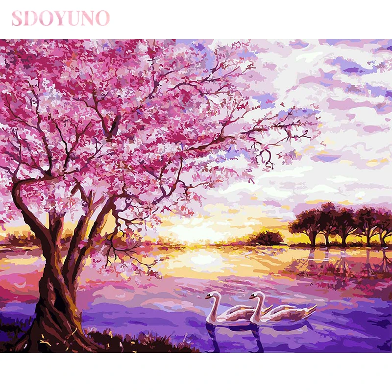 

SDOYUNO painting by numbers with frame for adult Swan Lake landscape acrylic paints for painting coloring by numbers HandPainted