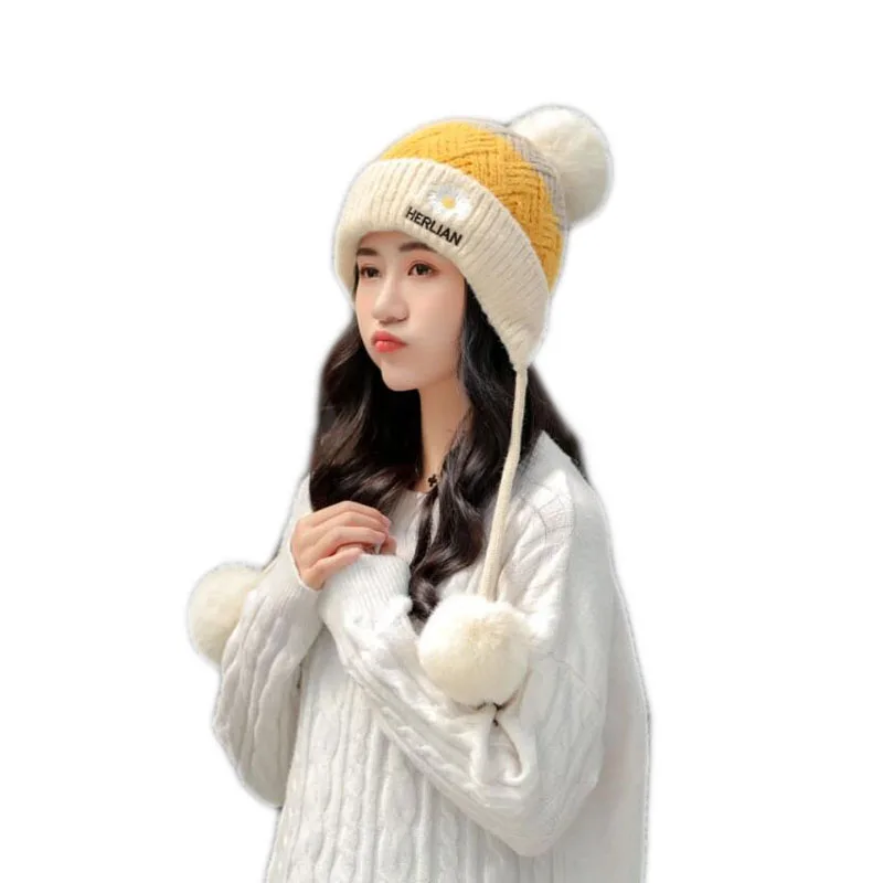 Новинка 2020 зимние вязаные шапки женские с помпоном в стиле пэчворк шапки-ушанки