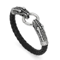 nordic men dragon bracelet stainless steel dragon head handmade leather chain bracelet viking jewelry