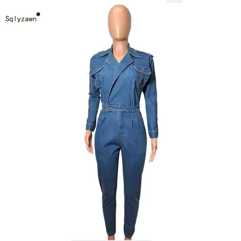 

High Quality Deep V Denim Long Sleeve Jumpsuits Spring Streetwear Button Blue Jeans Rompers Women Pocket One Piece Warp Overalls