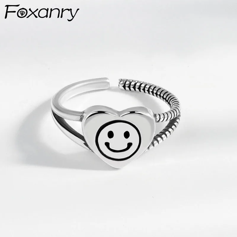 

Evimi 925 Silver Color Double Layer Rings for Women INS Fashion Vintage LOVE Heart Smiley Face Party Jewelry Couples Gifts