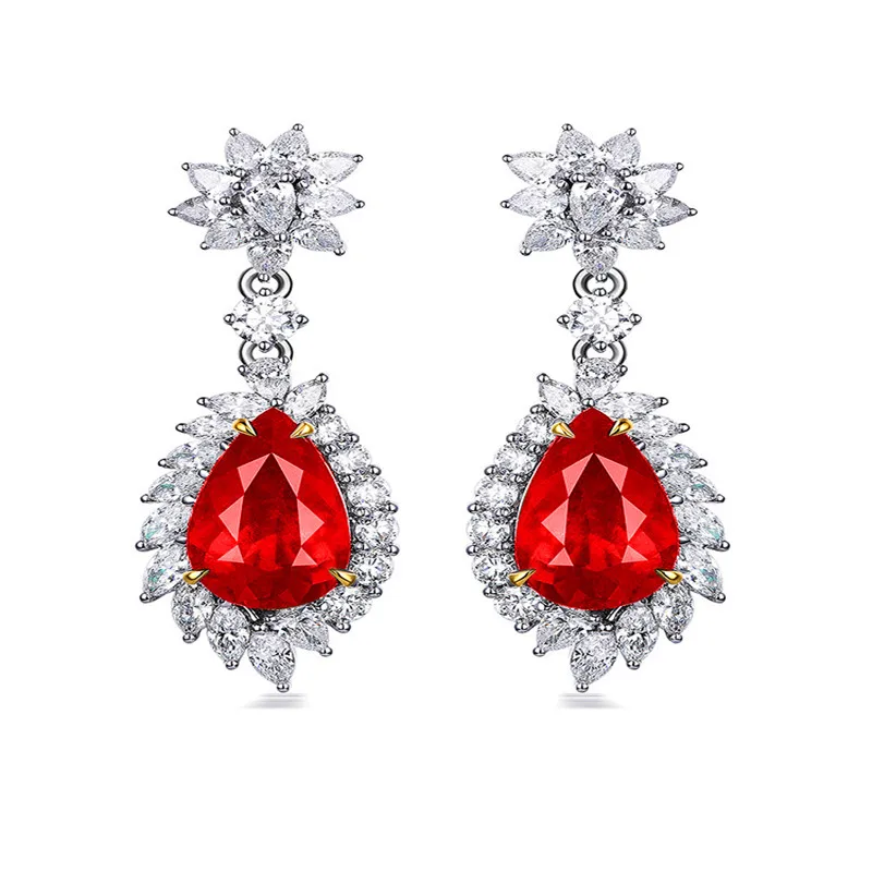 

Luxury Female Red Green Blue Crystal Drop Earrings Classic Silver Color Wedding Earrings For Women Flower Zircon Dangle Earrings