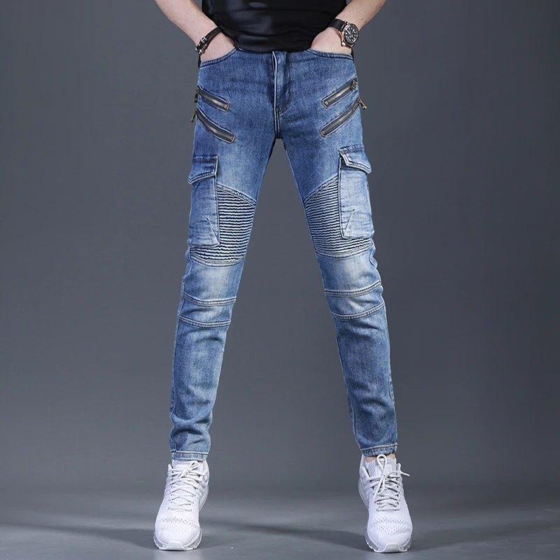 New Fashion Blue Biker Jeans Men Cargo Pants Patchwork Jean Mens Streetwear Casual Zipper Pocket Slim Fit Denim Trousers