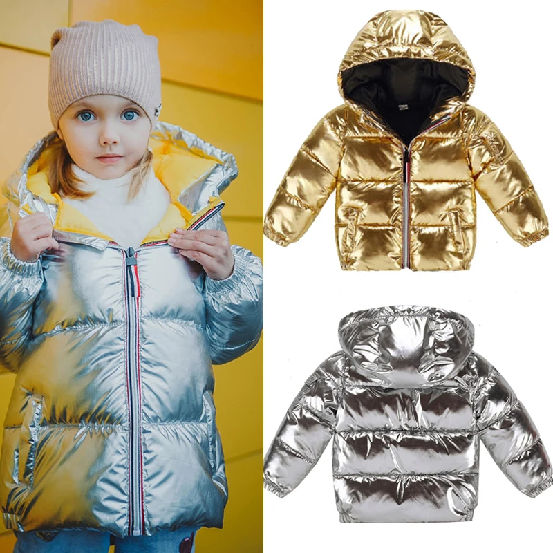 

Kids winter jacket Thicken Coat Warm toddler Girl boys silver down jacket Cotton Hooded Outerwear snowsuit parka children coat