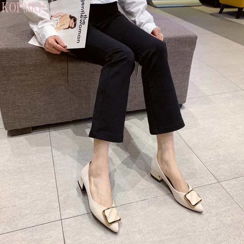 

Women Square Heel Shoes Spring Summer Low Heel Leather Pointed Toe Slip-On Fashion Metal Decoration Female Pumps