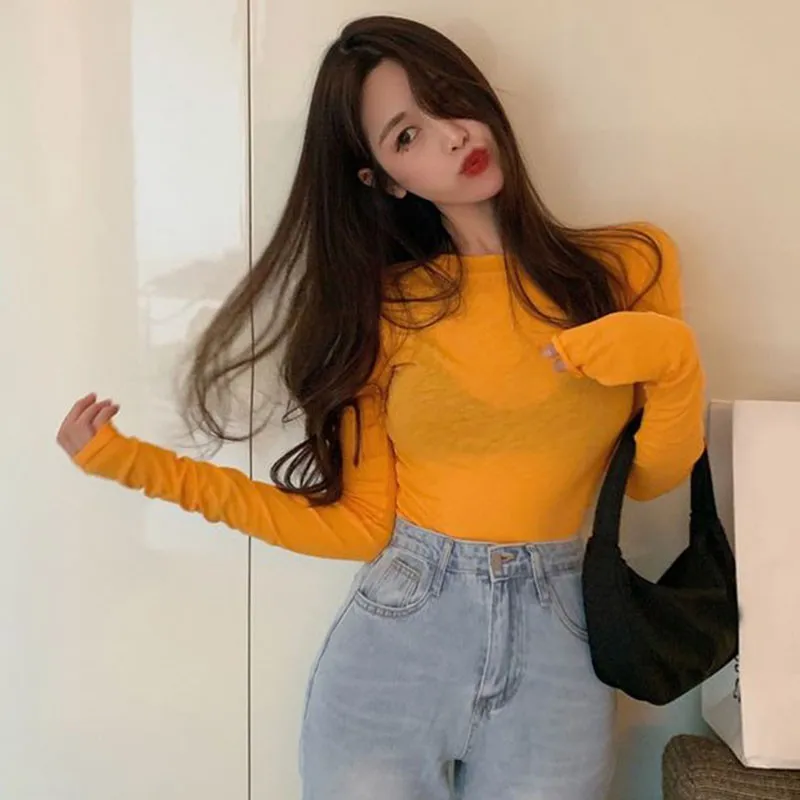 

Jlong Women's T-shirt Korean Long Sleeve O-Neck Slim Tops Bottoming T-shirts