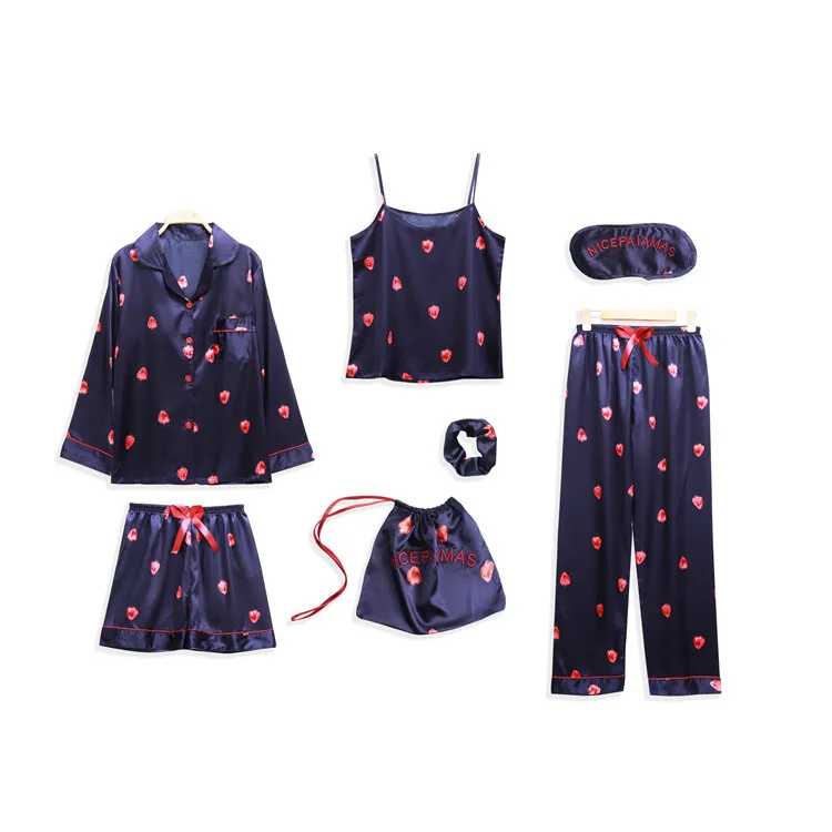 

2020 Women's Ice Silk Pajamas Four Seasons Seven-Piece Pyjamas Thin Long-Sleeved Trousers Female Pijamas Set Pijama Suit Fashion