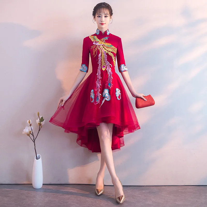 2020 Новое красное платье юбка Женская Cheongsam Осень и зима достойное красивое