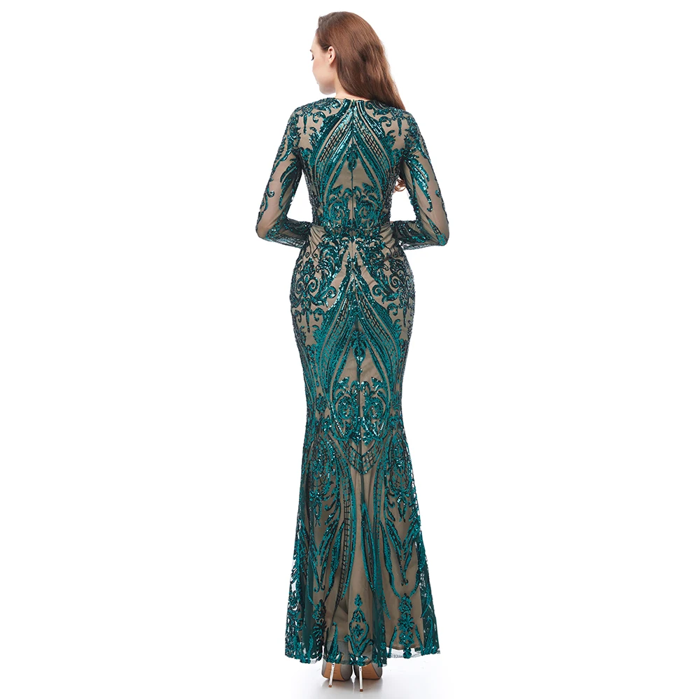 Блестящее вечернее платье с пайетками и длинным рукавом со съемным шлейфом