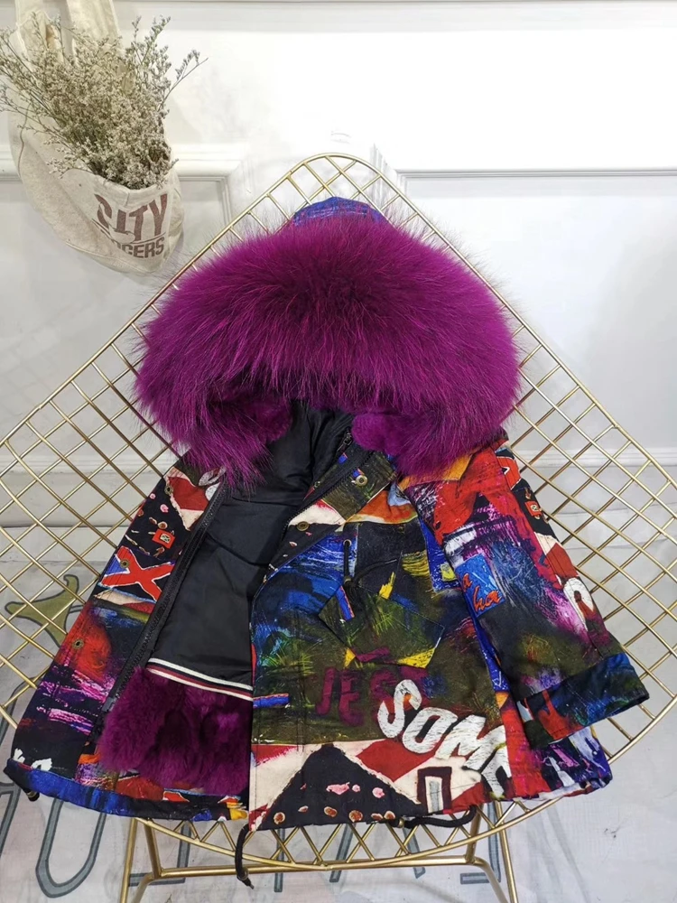 Children Winter Jacket Graffiti Boys Girls Real Fur Coat Thick Warm Rabbit Fur Kids Jacket Coat Furry Natural Fur Collar TZ428