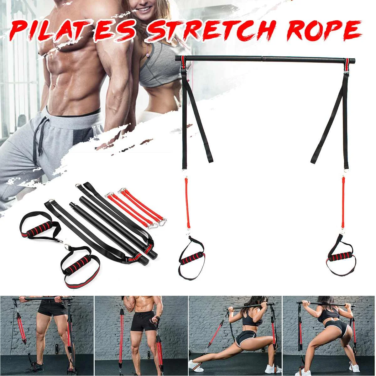 

Portable Pilates Bar Kit Resistance Band Yoga Exercise Foot Loop Toning Bar Yoga Pilates for Yoga Stretch Twisting Sit-Up Bar