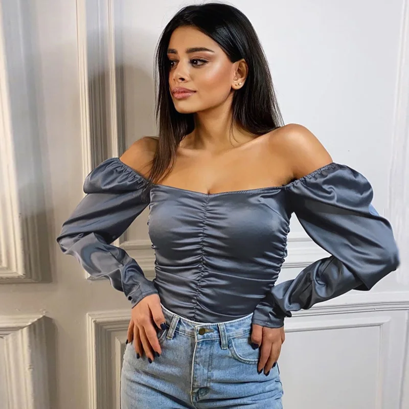 2020 Сексуальная женская блузка с открытыми плечами рубашка пышными длинными