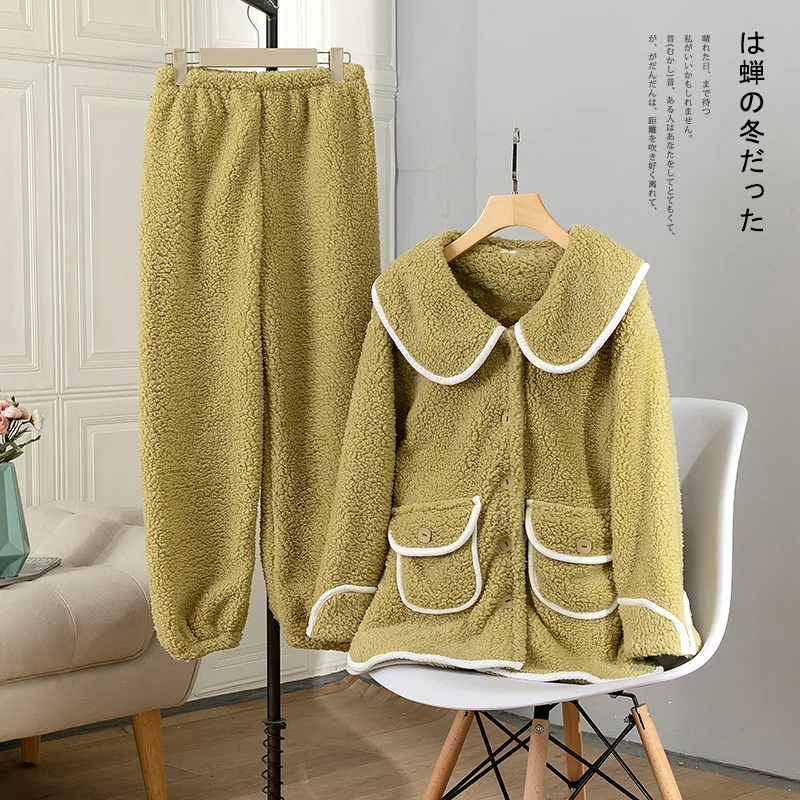 

Coral Fleece Women Pajamas Set Winter Thick Warm Pijamas Suit Intimate Lingerie Sweet Doll Collar Sleepwear Homewear With Pocket