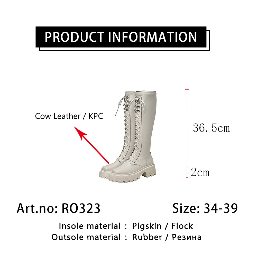 

RJN Stylish Autumn Knee-High Boots Unique Square Toe Breathable Cow Leather Lace-up Women Shoes Platform Boots RO323
