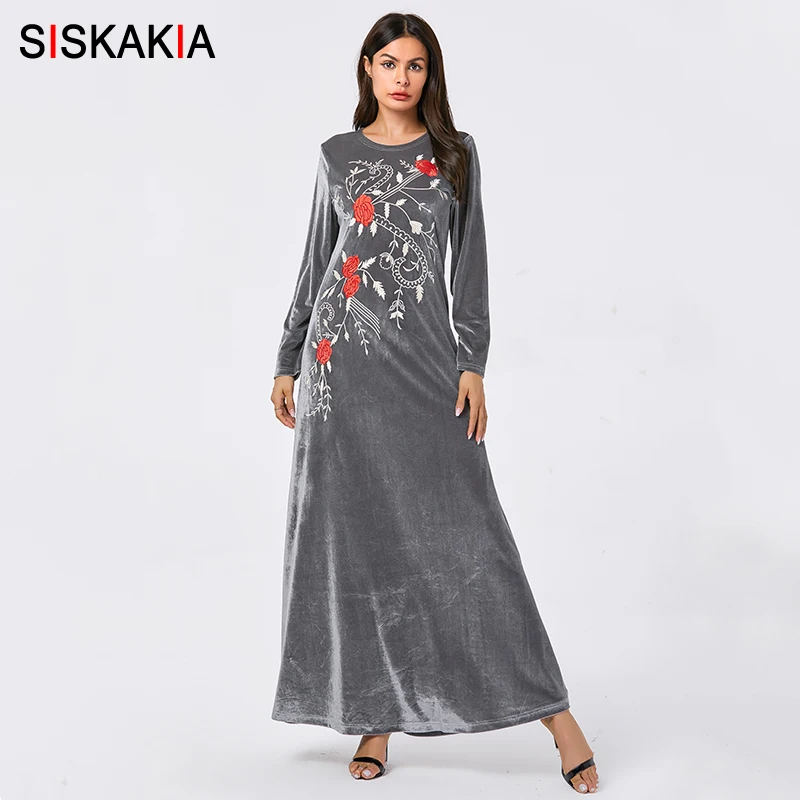 Silver Gray dress Siskakia Платье женское осень зима Новое вельветовое с цветочной вышивкой длинные платья полный рукав размера плюс о-образный вырез мусульманская одежда - Цвет: Silver Gray dress